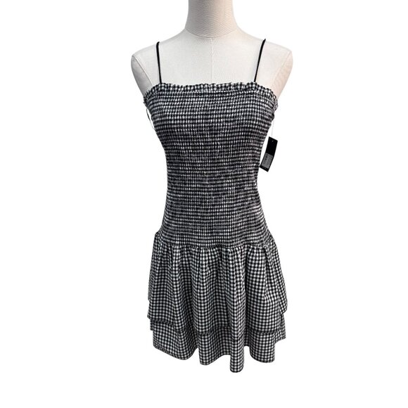 NWT RD Style Sarida Shirred Gingham Mini Dress Black White Size Small - Picture 1 of 6